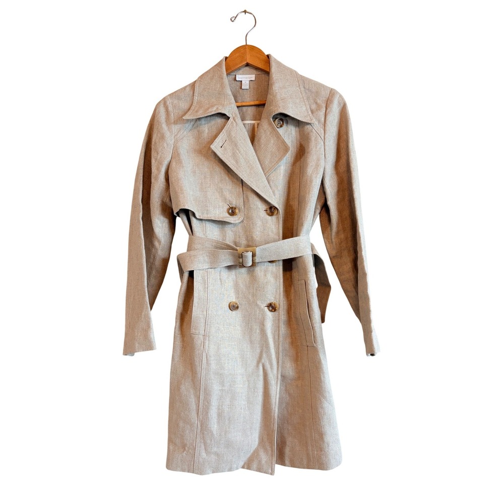 Womens Tan Beige Metallic Gold 100% Linen Double Breasted Trench Coat Belted M
